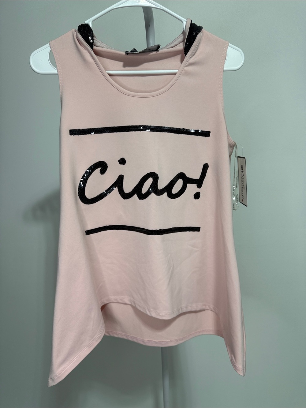 Frank Lyman Design Pink Tank with Black Sequin 'Ciao!' PTP 19